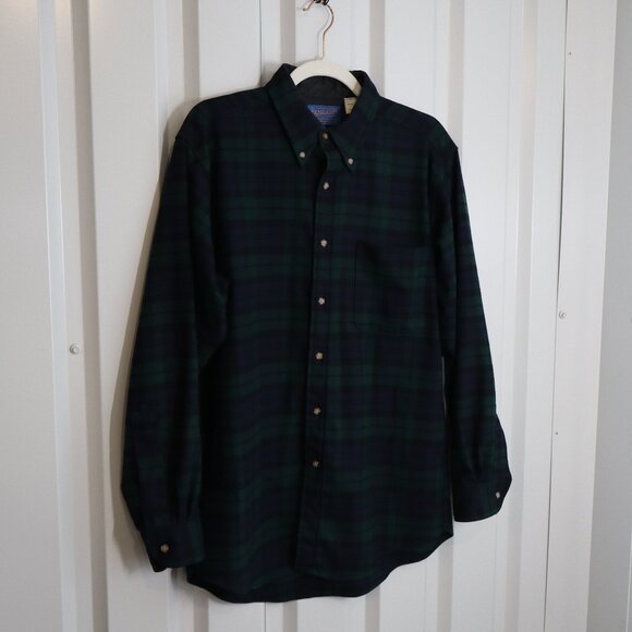 Pendleton Mens Fireside Black Watch Tartan Wool Button Down Shirt Blue Green Med - Picture 1 of 11